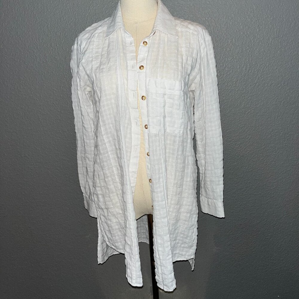 ANTHROPOLOGIE ANTHRO  White Cotton Button Down Textured Tunic Cover-up Top - EUC